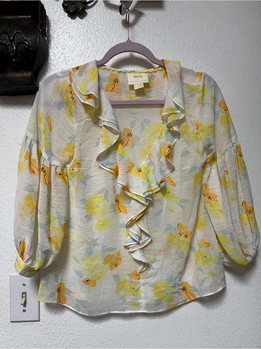 Anthropologie Yellow Floral Ruffle V-Neck Blouse